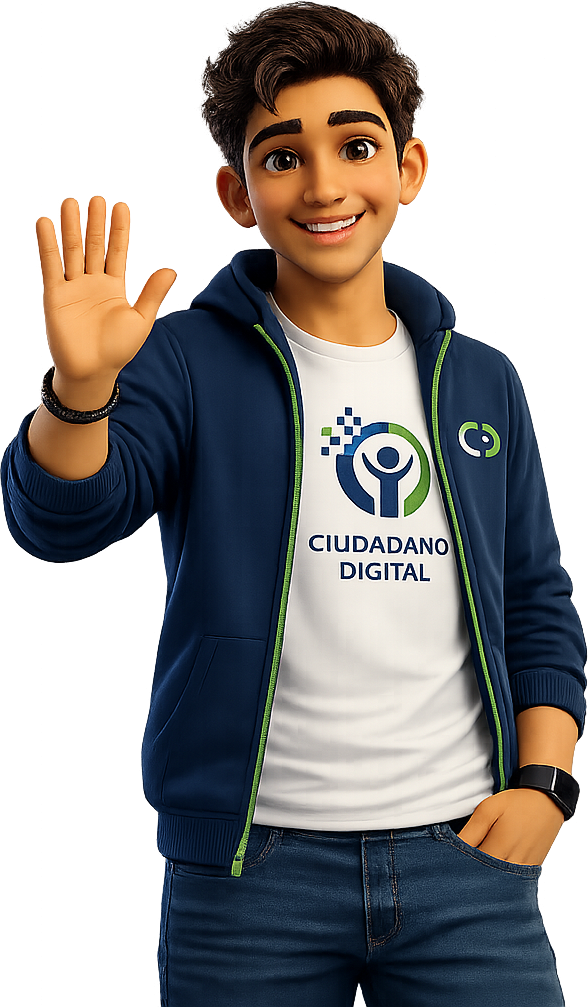 Alex, joven ciudadano digital con la camiseta de la iniciativa, saludando con la mano